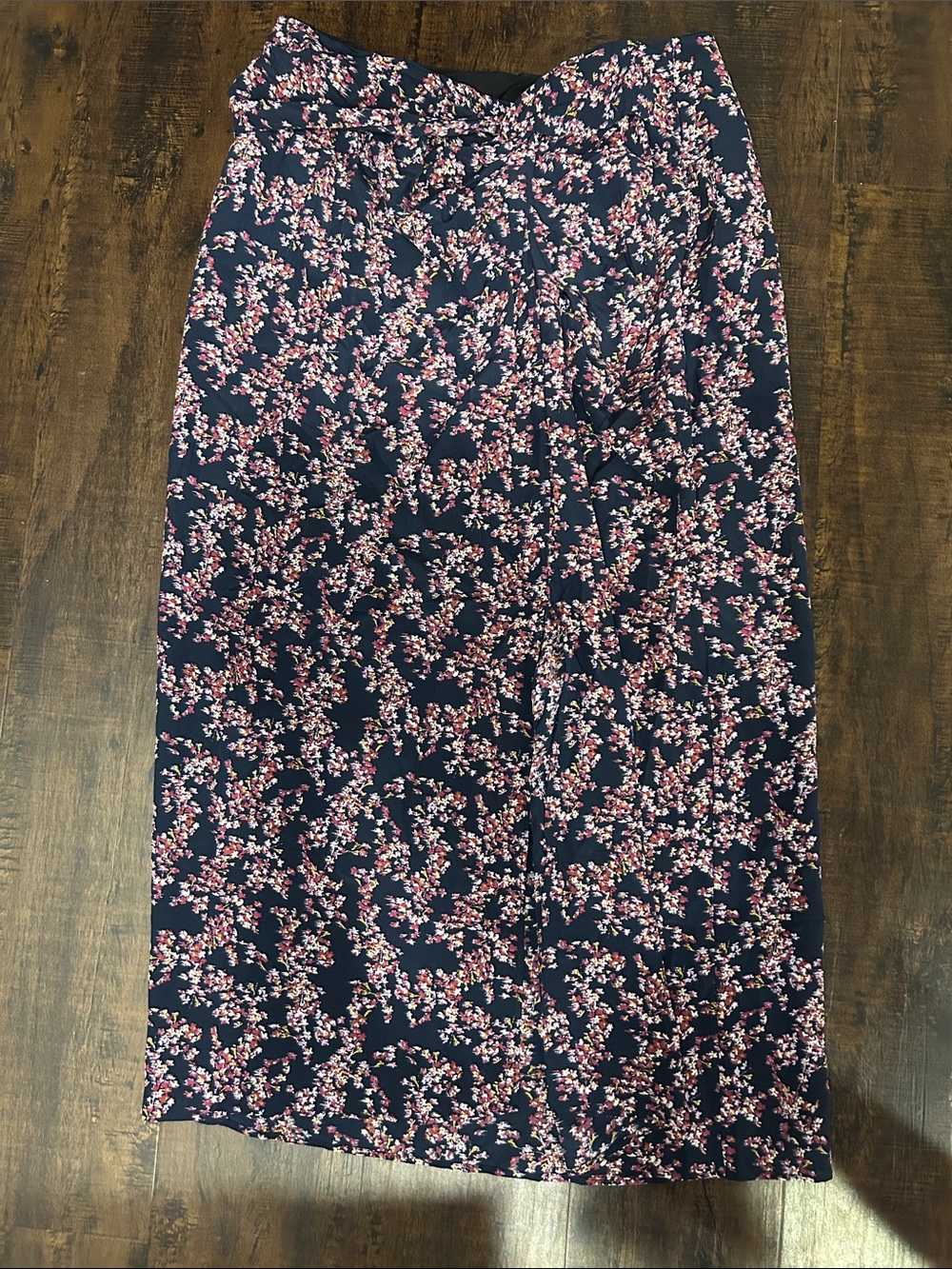Floral Navy Midi Skirt with Pink Blossom Print